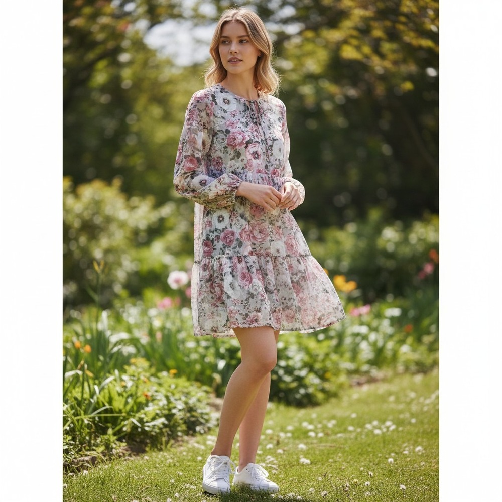 Calstyle Floral Dress Women M Gray Pink Polyester Boho Tiered Long Sleeve DS0962